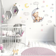 Sticker Sepetim Bulutta Uyuyan Yavru Ayıcık Bulut ve Yıldızlar Çocuk Odası Rüya Duvar Sticker