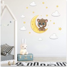 Sticker Sepetim Ayda Oturan Yavru Ayıcık  Bulutlar ve Yıldızlar Çocuk Odası Dekoratif Duvar Sticker
