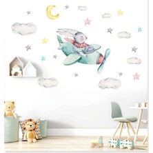 Sticker Sepetim Sevimli Pilot Tavşan Bulut ve Yıldızlar Çocuk Odası Duvar Sticker