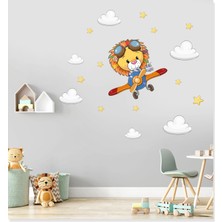 Sticker Sepetim Sevimli Pilot Aslan Bulutlar ve Yıldızlar Çocuk Odası Dekoratif Ölçer Sticker