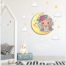 Sticker Sepetim Ayda Oturan Yavru Melek Bulutlar ve Yıldızlar Çocuk Odası Dekoratif Duvar Sticker