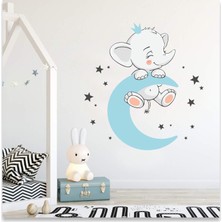 Sticker Sepetim Mavi Aydan Sallanan Sevimli Yavru Fil Yıldızlar Çocuk Odası Duvar Sticker