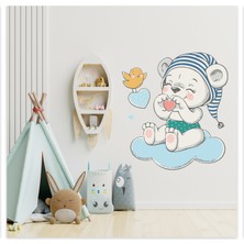 Sticker Sepetim Bulutta Oturan Yavru Ayıcık ve Sevimli Kuş Çocuk Odası Duvar Sticker