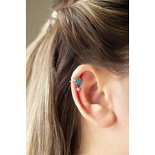 By Barun Yuvarlak Mavi Firuzeli Gümüş Kıkırdak Küpe - Rose