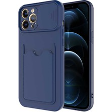 Case 4U Apple iPhone 12 Pro Max Kılıf Cüzdan Slayt Sürgülü Kamera Korumalı Kartlıklı Kart Bölmeli Silikon Lacivert