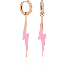 By Barun Beyaz Taşlı Pembe Neon Şimşek Model Mineli Gümüş Küpe-Rose