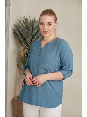 Rmg Hakim Yaka Indigo Büyük Beden Bluz