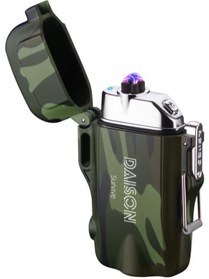 Daison Survive Komando Asker Yeşili Çift Ark USB Anti-Rüzgar El Feneri Işıklı Elektronik Elektrikli Çakmak