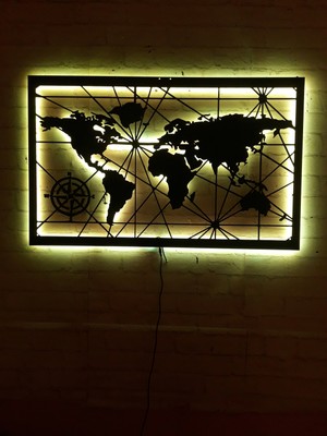 MF Tasarım Rgb Kumandalı Dünya Haritası LED Işıklı Ahşap Mdf Dekoratif Tablo 50X35