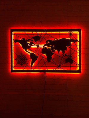 MF Tasarım Rgb Kumandalı Dünya Haritası LED Işıklı Ahşap Mdf Dekoratif Tablo 50X35
