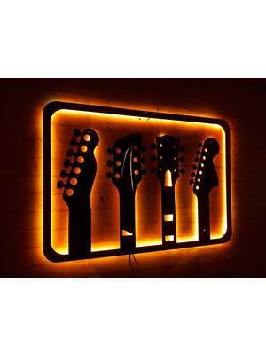 MF Tasarım Rgb Kumandalı Gitar Seti LED Işıklı Ahşap Mdf Dekoratif Tablo 50X35