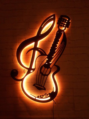 MF Tasarım Rgb Kumandalı Gitar Sol Anahtar LED Işıklı Ahşap Mdf Dekoratif Tablo 50X35