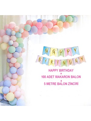 Hknys  100 Makaron Pastel Balon Seti +Happy Bırthday Yazısı Makaron + 5 Metre Balon Zinciri