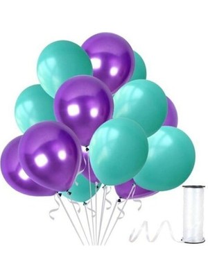 Hknys 50 Adet Su Yeşili-Mor Metalik Sedefli Balon