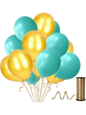 Hknys 15 Adet Su Yeşili-Altın(Gold) Metalik Sedefli Balon-Helyum Uyumlu-Parti