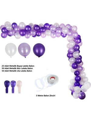 Hknys 125 Adet Mor  Lila Beyaz Metalik Balon Kombin  Balon Zinciri Seti
