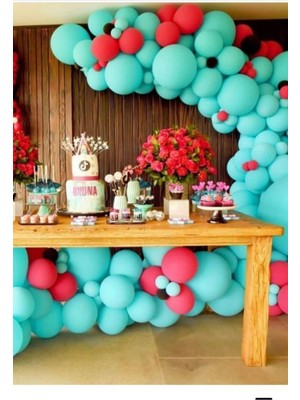 Hknys 100 Adet Su Yeşili-Kırmızı Metalik Balon+ 5 Metre Balon Zinciri