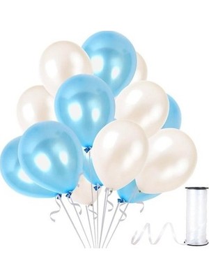 Hknys 25 Adet Beyaz-Bebek Mavisi Metalik Sedefli Balon