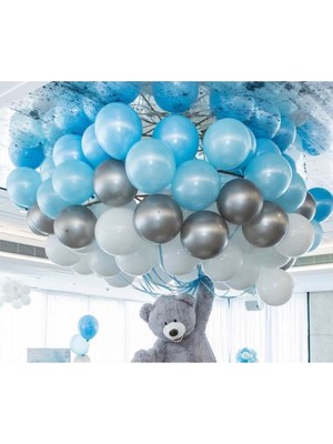 Hknys Balon Evi 30 Adet Metalik Balon (Mavi - Beyaz - Gümüş Karışık)