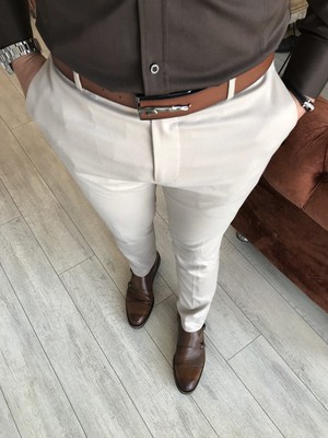 Terzi Adem Italyan Kesim Slim Fit Mevsimlik  Bej Kumaş Pantolon T3480