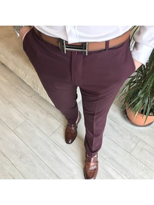 Terzi Adem Italyan Stil Slim Fit Erkek Kumaş Pantolon Bordo T4423