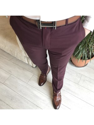 Terzi Adem Italyan Stil Slim Fit Erkek Kumaş Pantolon Bordo T4423