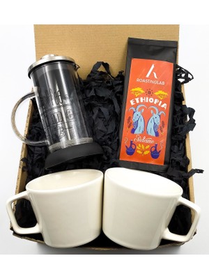 VegaGiftShop Coffee/tea Time French Press & 2'li Beyaz Kupa & A Roastling Lab Filtre Kahve Hediye Seti