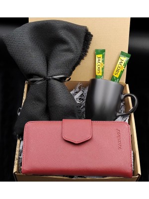 Vega Gift Shop Şal & Kadın Cüzdan & Siyah Kupa & Jacobs Kahve Hediye Seti