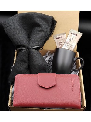 Vega Gift Shop Şal & Bordo Kadın Cüzdan & Siyah Kupa & Mehmet Efendi Kahve Hediye Seti