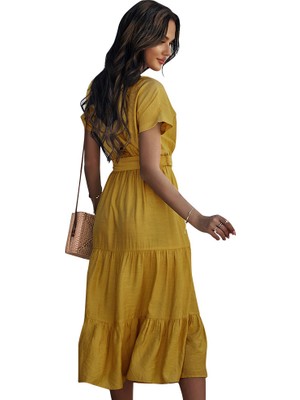 Gogoo Düz Renk Yazlık Elbise-Sarı (Yurt Dışından)