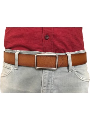 Goderi Deri Yeni Trend, Pimli Parlak Gümüş Tokalı, Dayanıklı Taba Kemer 4 cm