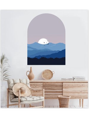 Sticker Sepetim Mavi Dağlar ve Gün Batımı Bohem Oval Duvar Sticker