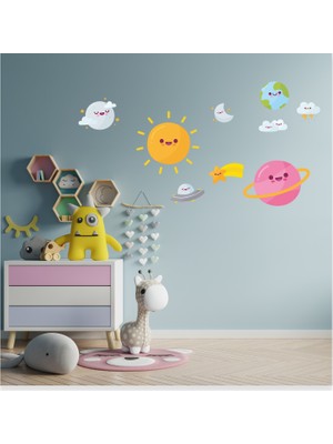 Sticker Sepetim Sevimli Güneş Gezegenler Yıldızlar Dünya Ay ve Bulutlar Çocuk Odası Sticker