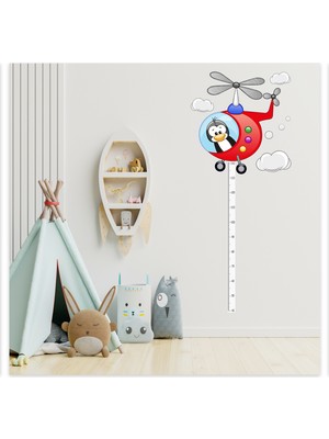 Sticker Sepetim Helikopter Pilotu Penguenve  Bulutlar Çocuk Odası Boy ve Gelişim Ölçer Duvar Sticker