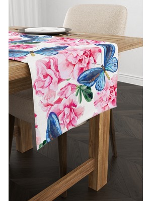 Cango Home Pembe Mavi Kelebek ve Çiçek Desenli Dijital Baskılı Runner - OTYK472-RN