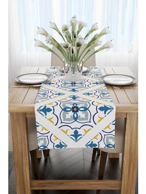 Cango Home Beyaz Mavi Modern Etnik Karo Desenli Dijital Baskılı Runner CGH562-RN