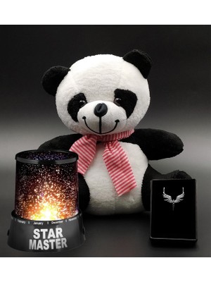 VegaGiftShop Peluş Panda ve Star Master Gece Lambası ve Mikail Melek Kolye Hediye Seti