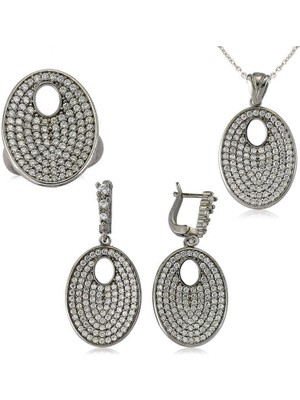 Gumush Gümüş Beyaz Taşlı Oval Kadın Set