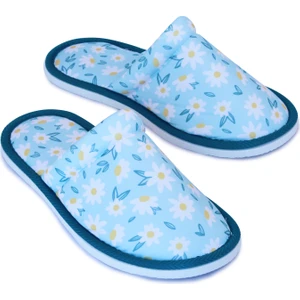 Kadın Mavi Çiçek Desenli Yumuşak Tabanlı Ev Terlik