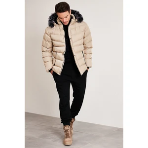 Slim Fit Suni Kürklü Peluş Astarlı Çıkarılabilir Kapüşonlu Şişme Erkek MONT 5761080 B