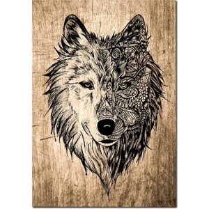 Cakatablo Ahşap Tablo Eski Zeminde Kurt Başlı Desenli Görsel