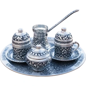 Bakır Concept Bakır Kahve Seti Oyma Nakışlı İşleme Gümüş Renk (Kalaylı)