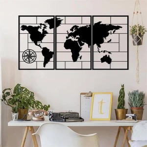3'lü Dünya Haritası 2 Metal Duvar Dekoru