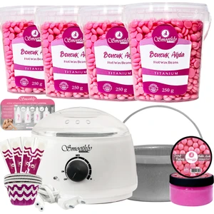 Pudralı Soyulabilen Boncuk Ağda 4 Kutu 1000 G. +Beyaz Isı Ayarlı Sir Ağda Iısıtıcı Makine+Tüy  Yağ+Spatula Set+Ağda Eritme Kabı
