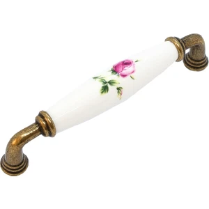 Porselen Dolap Mutfak Çekmece Mobilya Kulpu Antik Pembe Çiçekli 128MM (12,8cm) Aks.