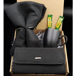 Vega Gift Shop Şal & Siyah Kadın Cüzdan & Siyah Kupa & Jacobs Kahve Hediye Seti