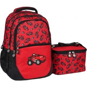 1350-1 Arabalı İlkokul Çantası + Beslenme Çantası Kırmızı