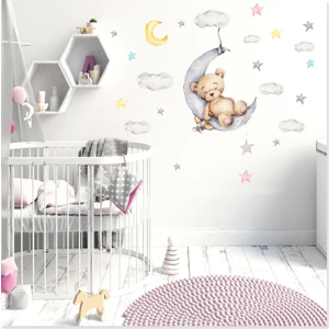 Sticker Sepetim Bulutta Uyuyan Yavru Ayıcık Bulut ve Yıldızlar Çocuk Odası Rüya Duvar Sticker
