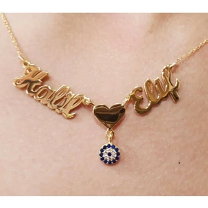 Gökdeniz 925 Kişiye Özel Iki Isimli Nazar ve Kalp Detaylı Gümüş Kolye