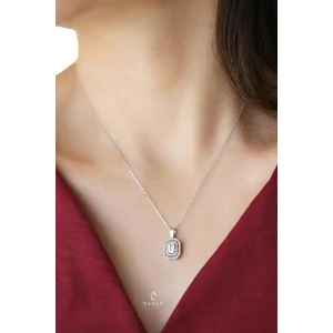 By Barun Gümüş Rengi Beyaz Yuvarlak Taşlı 1.50 Carat Görünümünde 925 Ayar Pırlanta Model Gümüş Baget Kolye